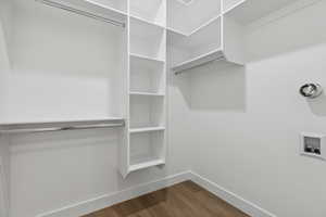 Spacious closet featuring dark wood-style floors