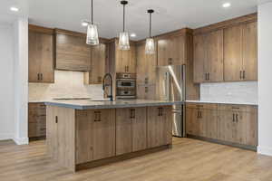 Kitchen featuring decorative backsplash, a sink, stainless steel appliances, premium range hood, and light wood-type flooring