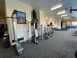 Gym with ceiling fan, carpet floors, and a textured ceiling