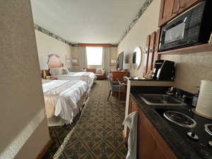 Bedroom featuring sink, a textured ceiling, and ornamental molding