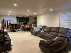 Living room featuring a textured ceiling and light colored carpet