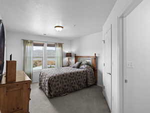 Carpeted bedroom featuring a textured ceiling