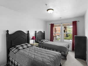 Carpeted bedroom featuring a textured ceiling