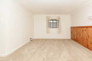 Empty room with wood walls, light colored carpet, and crown molding