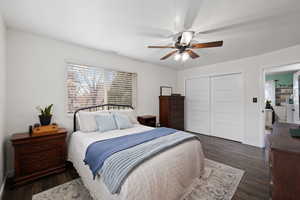 Primary Bedroom featuring ceiling fan, dark wood-style flooring, connected bathroom, and a closet