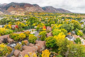 Drone / aerial view of the nearby mountains