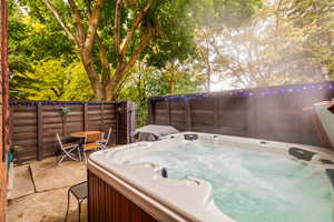 View of back patio with a hot tub