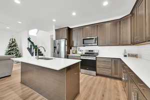 Kitchen with sink, stainless steel appliances, backsplash, an island with sink, and light wood-type flooring