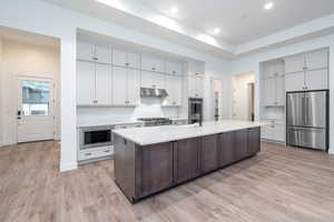 Kitchen featuring sink, a center island with sink, light hardwood / wood-style flooring, and appliances with stainless steel finishes