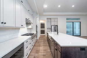 Kitchen with a large island with sink, white cabinetry, light hardwood / wood-style flooring, and stainless steel appliances