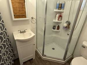 Full bathroom featuring toilet, a shower stall, wood finished floors, and vanity