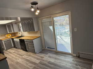 Kitchen with light wood-type flooring, a sink, wood counters, and gray cabinetry