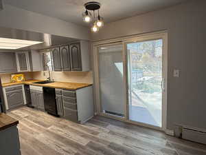 Kitchen featuring wooden counters, backsplash, light wood-style flooring, gray cabinetry, and a sink