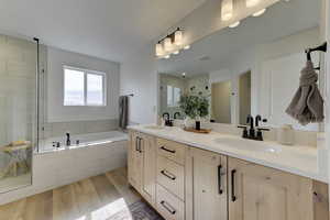 Primary Bathroom featuring wood-type flooring, plus walk in shower, and vanity