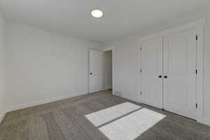 Unfurnished bedroom featuring carpet flooring and a closet