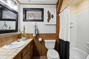 Full bathroom with vanity, wooden walls, toilet, ornamental molding, and shower / tub combo