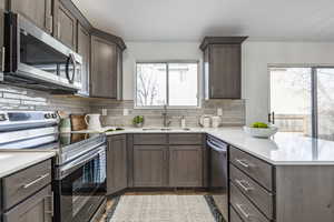 Kitchen featuring dark brown cabinetry, sink, stainless steel appliances, tasteful backsplash, and light hardwood / wood-style flooring