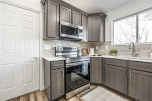 Kitchen with dark brown cabinetry, sink, tasteful backsplash, light hardwood / wood-style floors, and appliances with stainless steel finishes