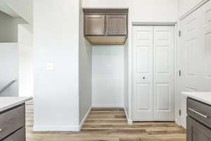 Kitchen with light hardwood / wood-style floors