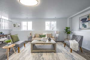 Living room featuring a healthy amount of sunlight and a textured ceiling