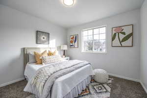 Bedroom featuring dark colored carpet