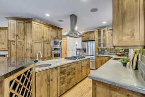 Kitchen featuring sink, stainless steel appliances, light hardwood / wood-style floors, decorative backsplash, and island range hood