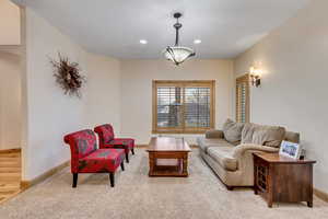 Living room featuring light colored carpet