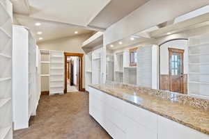 Walk in closet with light colored carpet and lofted ceiling