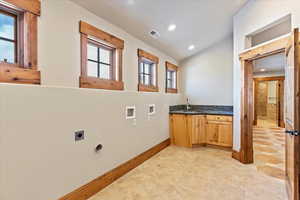 Laundry area featuring hookup for a washing machine, plenty of natural light, electric dryer hookup, and sink