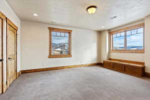 Unfurnished bedroom with carpet and a textured ceiling