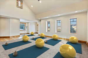 Exercise area with carpet floors and high vaulted ceiling