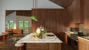 Kitchen featuring sink, pendant lighting, high vaulted ceiling, double oven range, and dark hardwood / wood-style floors