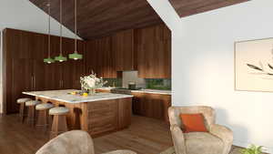 Kitchen featuring tasteful backsplash, dark hardwood / wood-style flooring, wooden ceiling, and decorative light fixtures