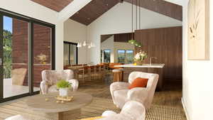 Interior space with beam ceiling, dark hardwood / wood-style floors, high vaulted ceiling, and wood ceiling