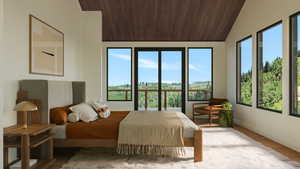 Bedroom featuring wood-type flooring, wooden ceiling, multiple windows, and lofted ceiling