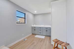 Bathroom featuring wood-type flooring and vanity