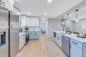 Kitchen with hanging light fixtures, stainless steel appliances, light hardwood / wood-style floors, decorative backsplash, and white cabinets