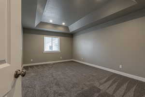 Spare room with carpet flooring, a textured ceiling, and a tray ceiling