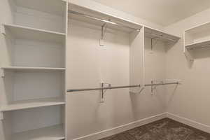 Spacious closet with dark carpet