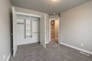 Unfurnished bedroom featuring carpet flooring, a textured ceiling, and a closet