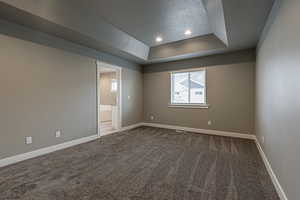 Empty room featuring carpet flooring, a textured ceiling, and a tray ceiling