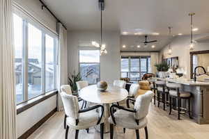 Dining space with light hardwood / wood-style floors, plenty of natural light, and ceiling fan