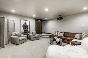 Living room with light colored carpet