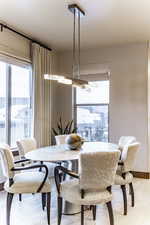 Dining space with light hardwood / wood-style floors and a wealth of natural light