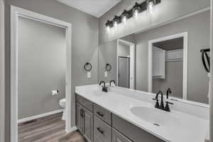 Bathroom with vanity, wood-type flooring, and toilet