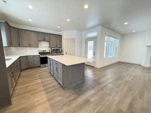 Kitchen featuring decorative backsplash, a center island, stainless steel appliances, and light hardwood / wood-style floors