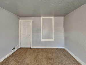 Unfurnished room with carpet flooring and a textured ceiling