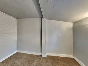 Interior space with vaulted ceiling, carpet floors, and a textured ceiling