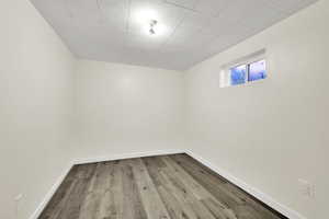 Basement featuring wood-type flooring