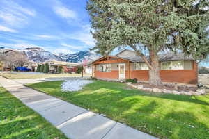 View of front of home with a mountain view and a front lawn